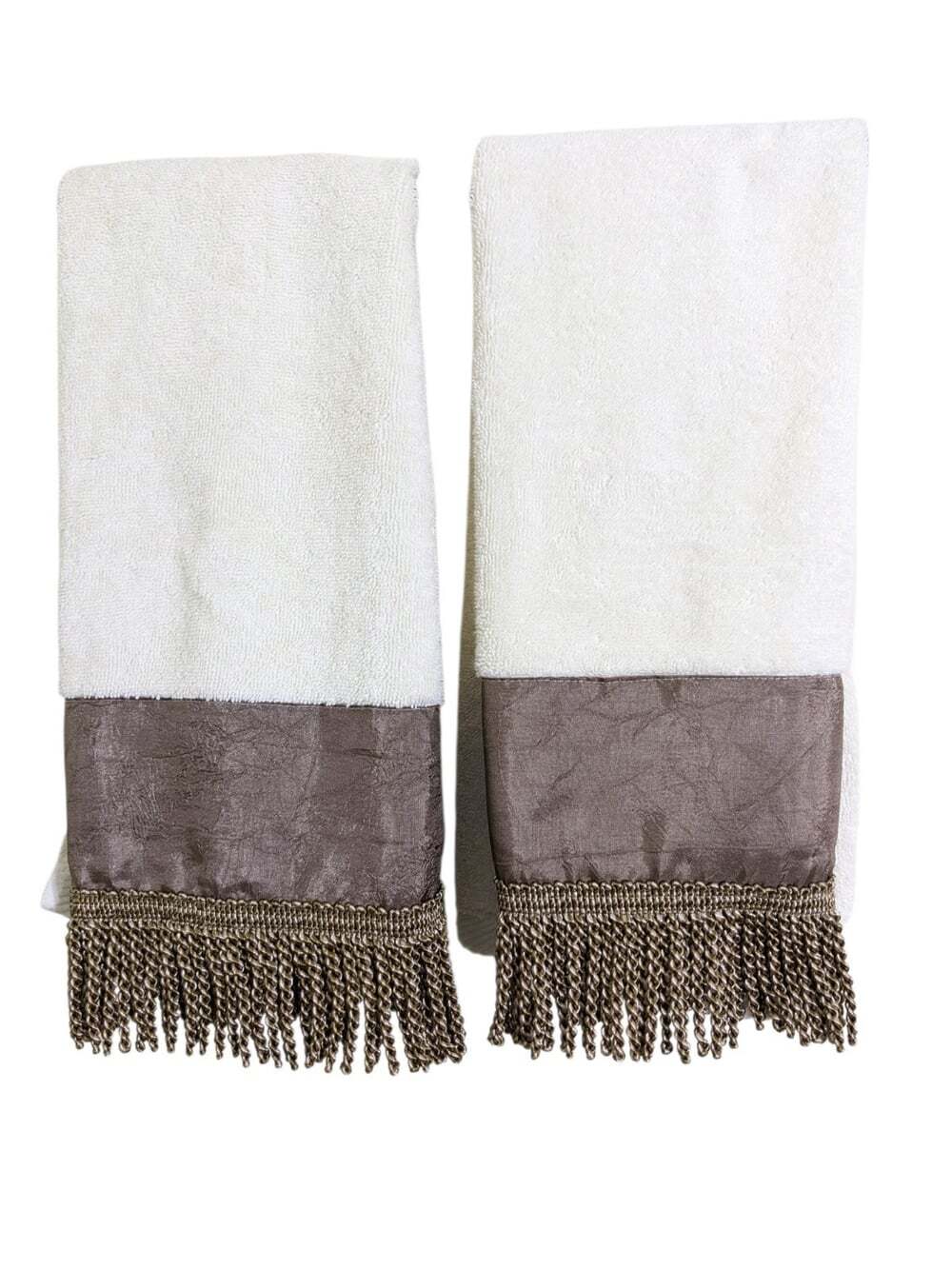 Vintage 2 Croscill Home Cream Bronze Sateen Fabric Fringe Hand Towels Cotton